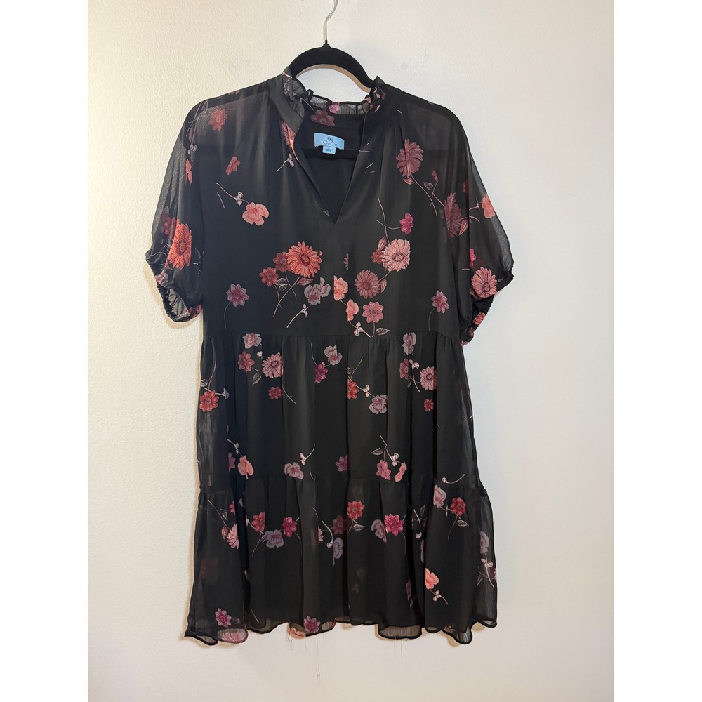 CeCe Floral Tiered Mini Dress Large Black Pink Puff Sleeve Cottagecore Boho Flor